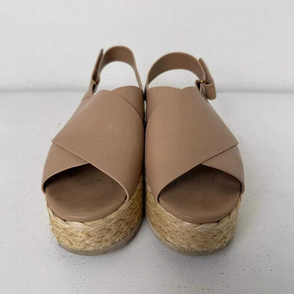 Vince Glyn Nude Leather Espadrille Platform Slingback Sandals Womens Tan